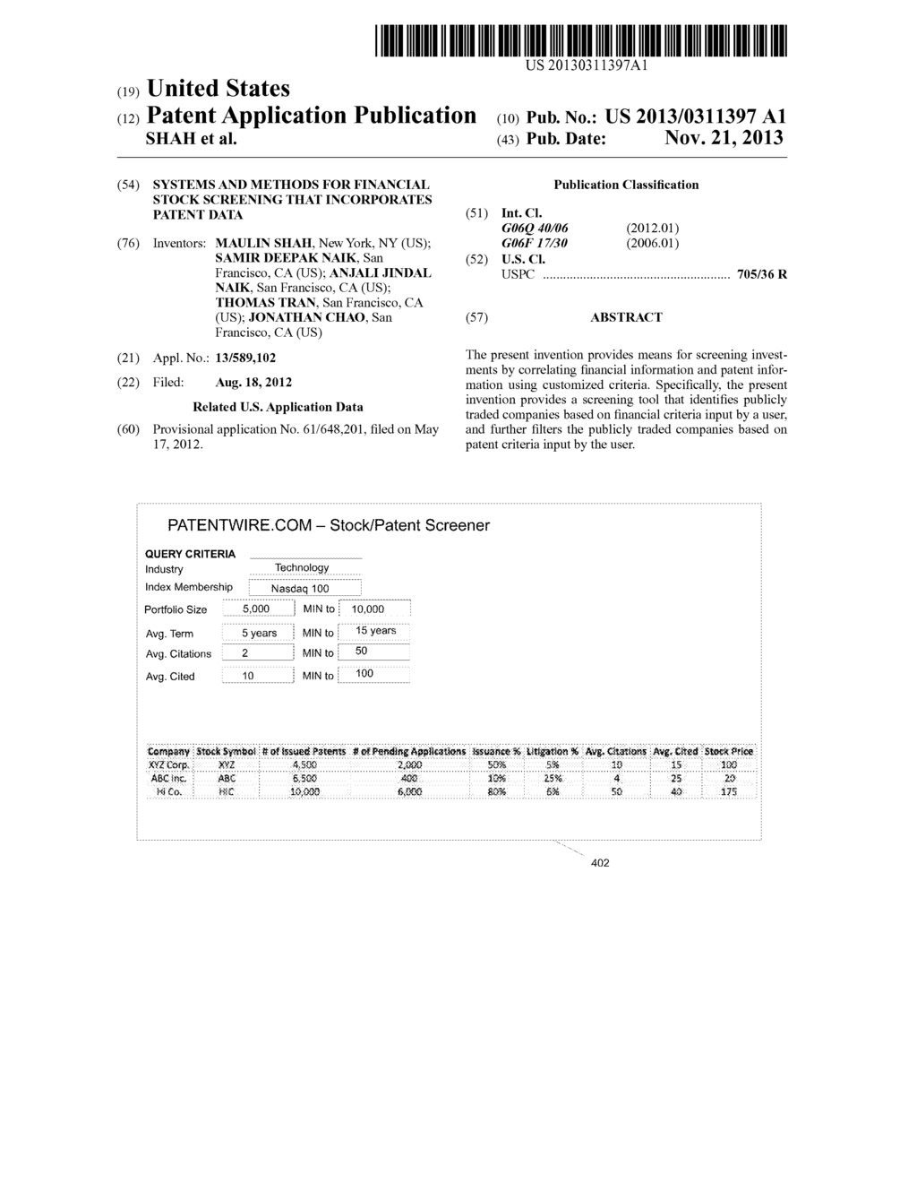 SYSTEMS AND METHODS FOR FINANCIAL STOCK SCREENING THAT INCORPORATES PATENT     DATA - diagram, schematic, and image 01