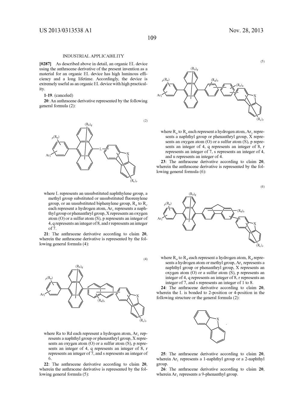 ANTHRACENE DERIVATIVE AND ORGANIC ELECTROLUMINESCENCE DEVICE USING THE     SAME - diagram, schematic, and image 110