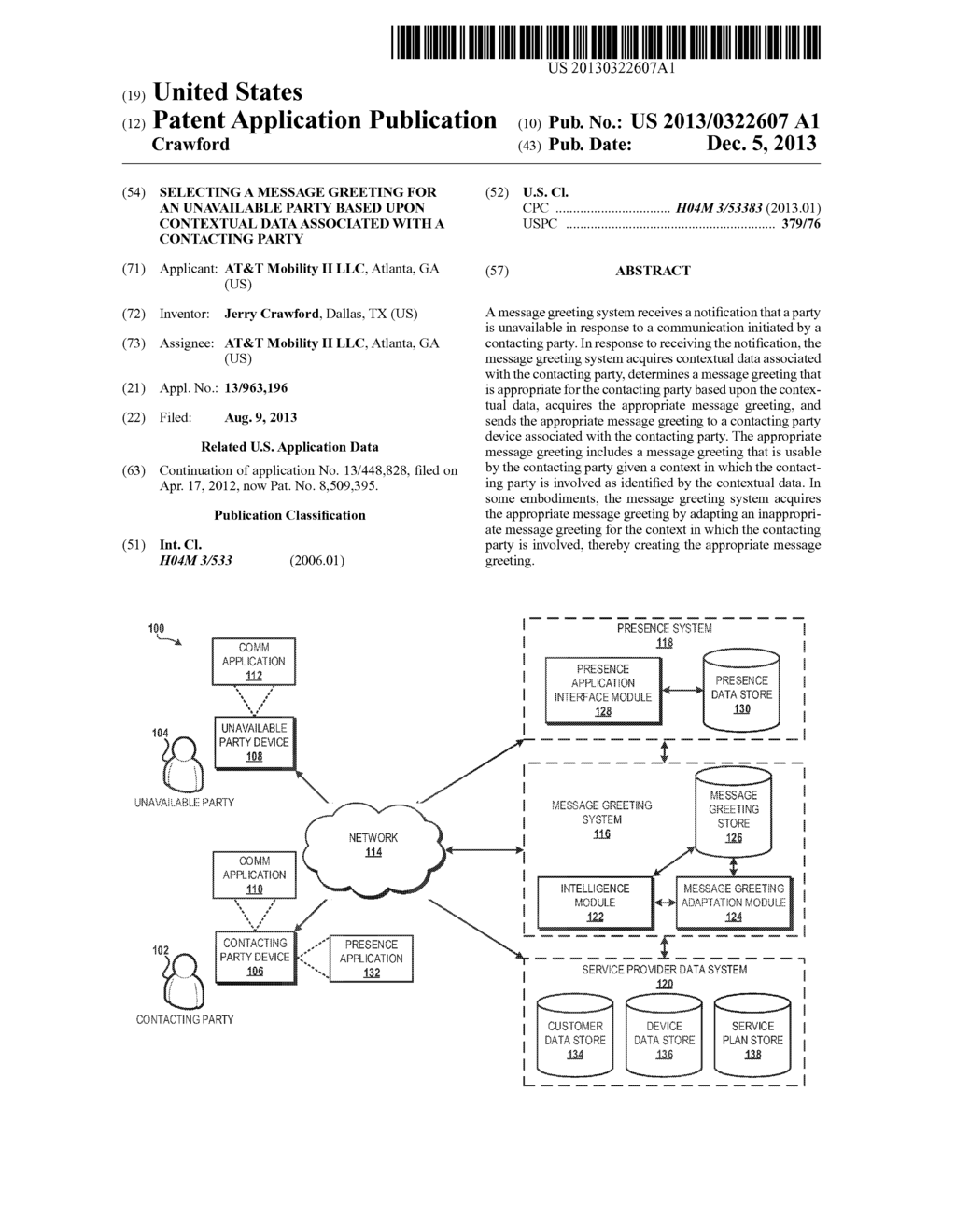 Selecting a Message Greeting for an Unavailable Party Based Upon     Contextual Data Associated with a Contacting Party - diagram, schematic, and image 01