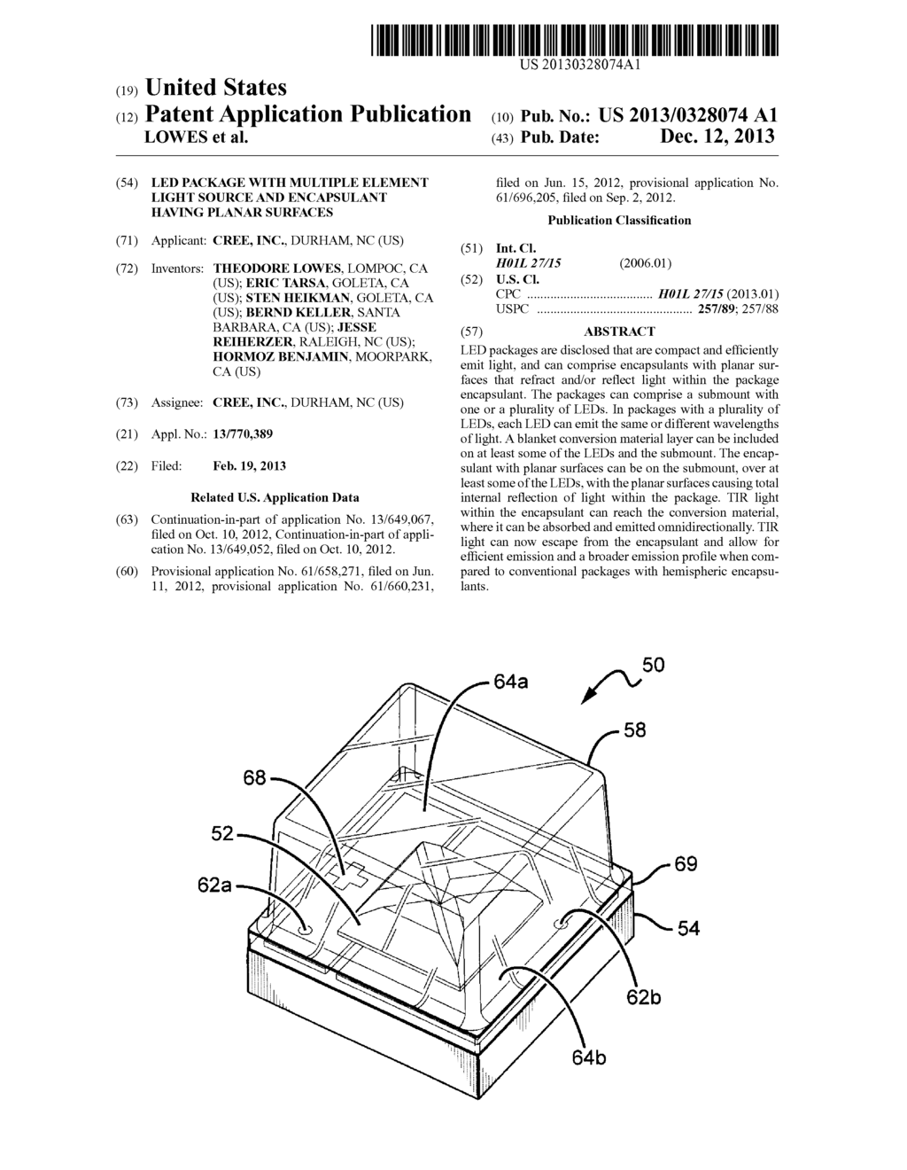 LED PACKAGE WITH MULTIPLE ELEMENT LIGHT SOURCE AND ENCAPSULANT HAVING     PLANAR SURFACES - diagram, schematic, and image 01