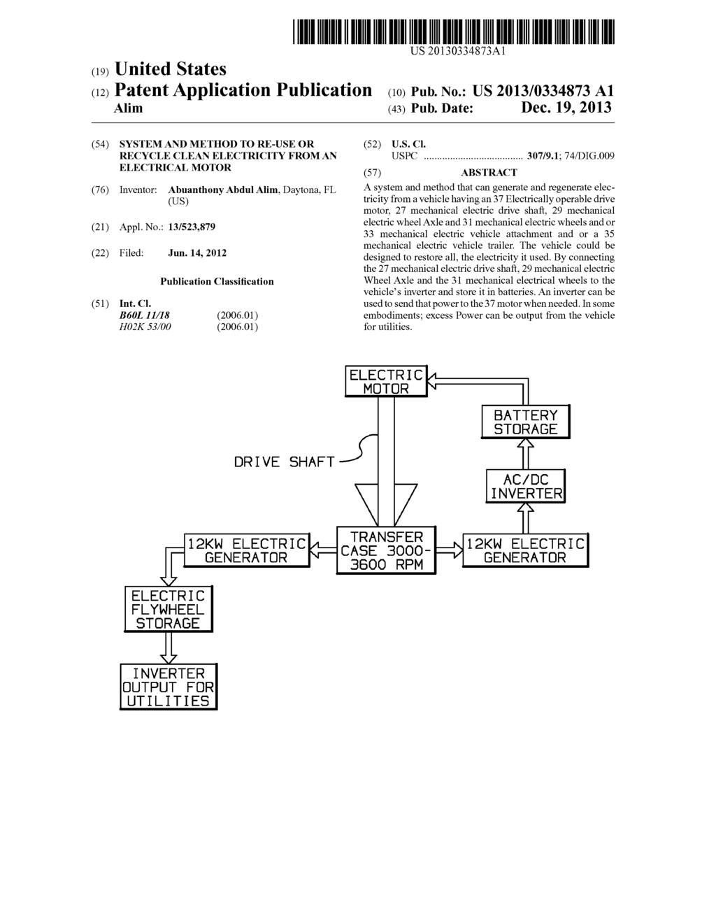 SYSTEM AND METHOD TO RE-USE OR RECYCLE CLEAN ELECTRICITY FROM AN     ELECTRICAL MOTOR - diagram, schematic, and image 01