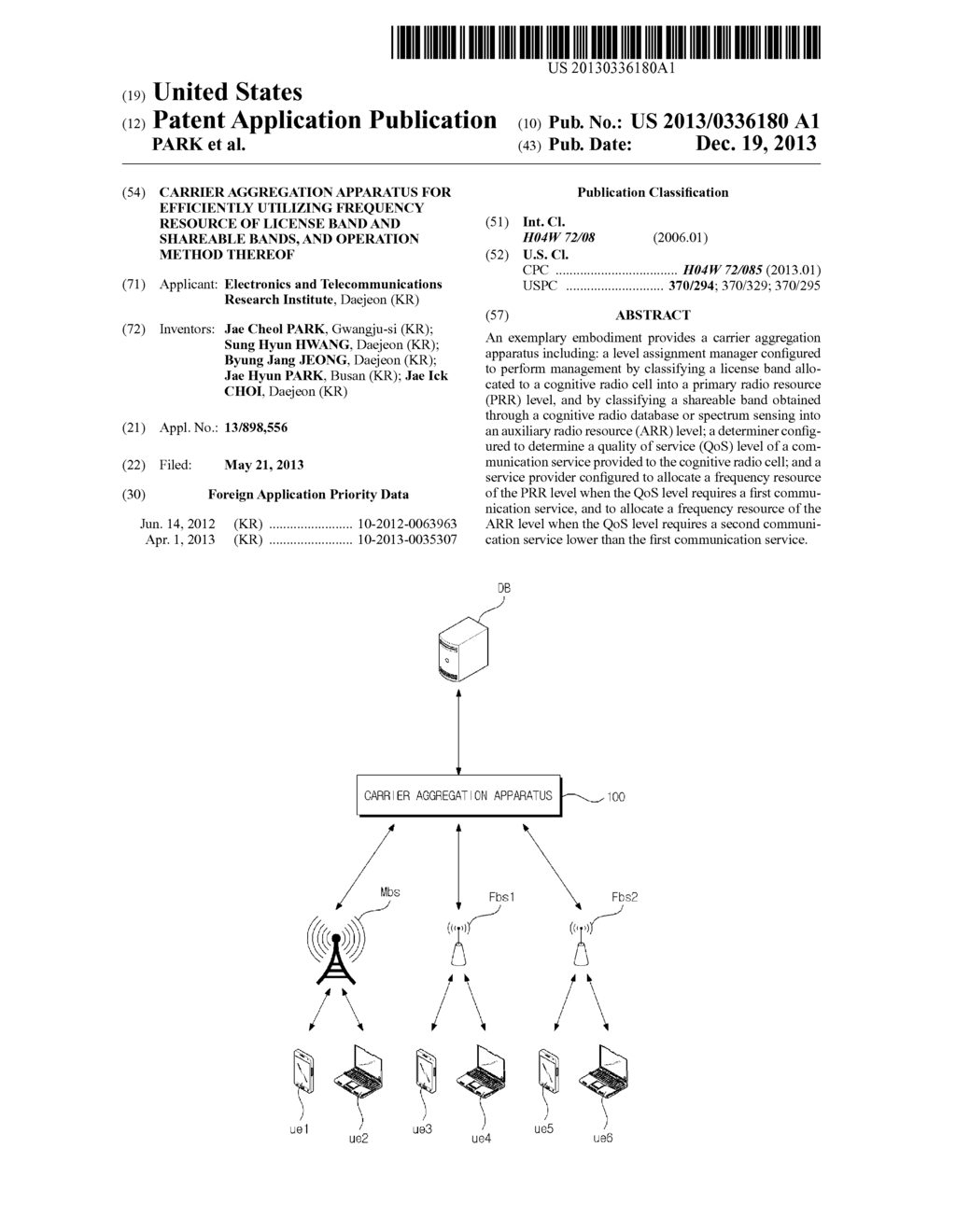 CARRIER AGGREGATION APPARATUS FOR EFFICIENTLY UTILIZING FREQUENCY RESOURCE     OF LICENSE BAND AND SHAREABLE BANDS, AND OPERATION METHOD THEREOF - diagram, schematic, and image 01