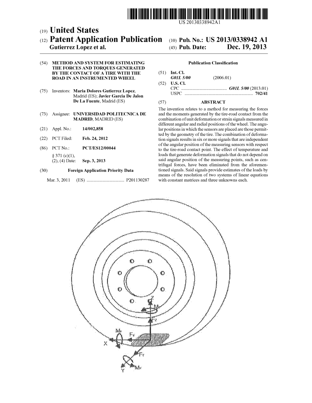 METHOD AND SYSTEM FOR ESTIMATING THE FORCES AND TORQUES GENERATED BY THE     CONTACT OF A TIRE WITH THE ROAD IN AN INSTRUMENTED WHEEL - diagram, schematic, and image 01