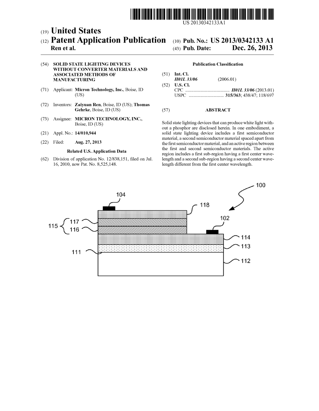 SOLID STATE LIGHTING DEVICES WITHOUT CONVERTER MATERIALS AND ASSOCIATED     METHODS OF MANUFACTURING - diagram, schematic, and image 01