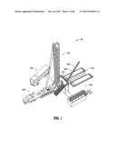 Skid mounted pipe arm with walkway and method diagram and image