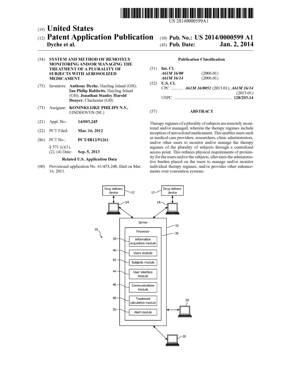 SYSTEM AND METHOD OF REMOTELY MONITORING AND/OR MANAGING THE TREATMENT OF     A PLURALITY OF SUBJECTS WITH AEROSOLIZED MEDICAMENT - diagram, schematic, and image 01