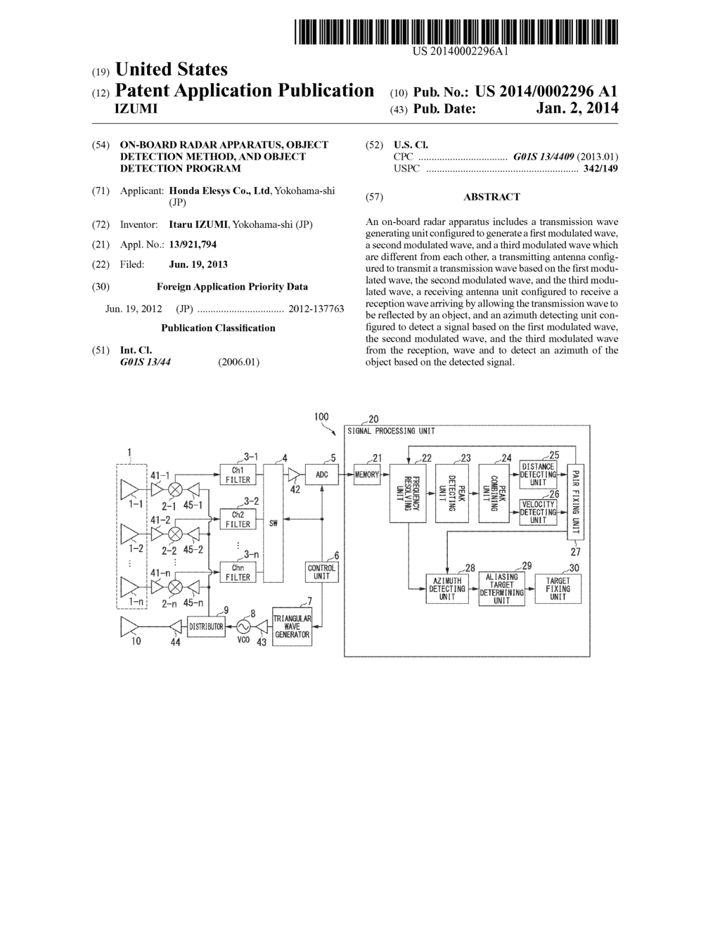 ON-BOARD RADAR APPARATUS, OBJECT DETECTION METHOD, AND OBJECT DETECTION     PROGRAM - diagram, schematic, and image 01