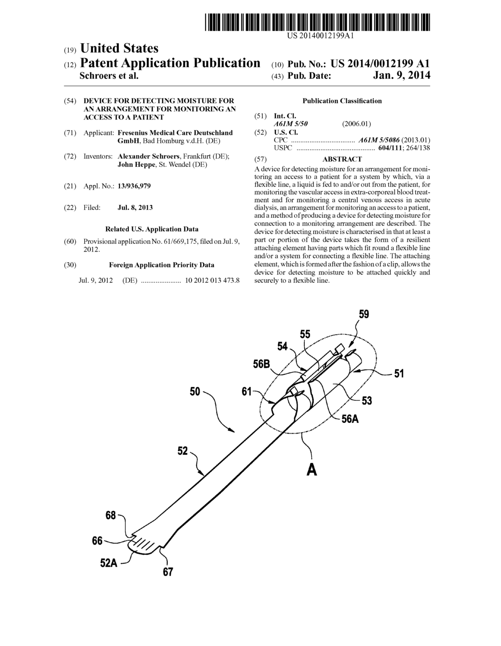 DEVICE FOR DETECTING MOISTURE FOR AN ARRANGEMENT FOR MONITORING AN ACCESS     TO A PATIENT - diagram, schematic, and image 01