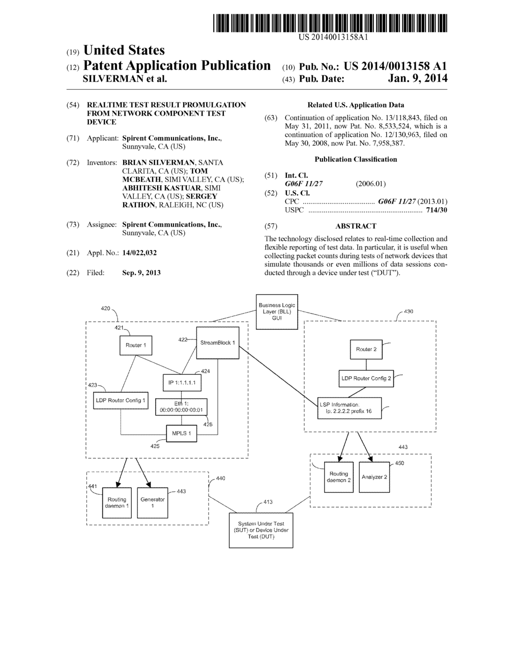 REALTIME TEST RESULT PROMULGATION FROM NETWORK COMPONENT TEST DEVICE - diagram, schematic, and image 01