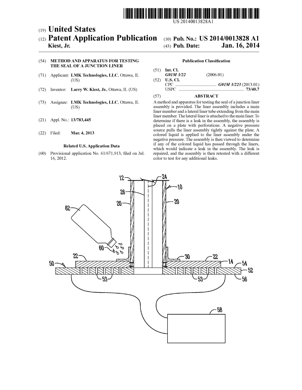 METHOD AND APPARATUS FOR TESTING THE SEAL OF A JUNCTION LINER - diagram, schematic, and image 01