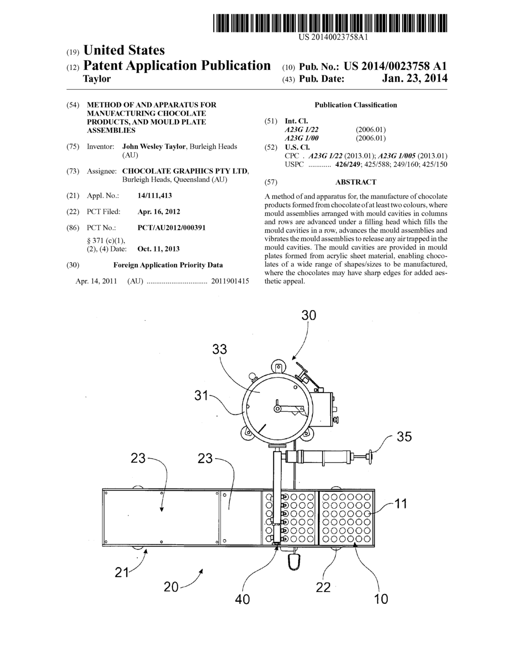 METHOD OF AND APPARATUS FOR MANUFACTURING CHOCOLATE PRODUCTS, AND MOULD     PLATE ASSEMBLIES - diagram, schematic, and image 01