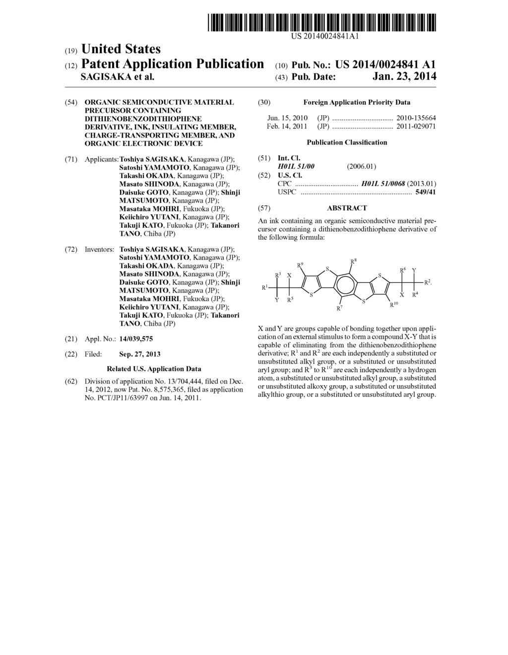 ORGANIC SEMICONDUCTIVE MATERIAL PRECURSOR CONTAINING     DITHIENOBENZODITHIOPHENE DERIVATIVE, INK, INSULATING MEMBER,     CHARGE-TRANSPORTING MEMBER, AND ORGANIC ELECTRONIC DEVICE - diagram, schematic, and image 01