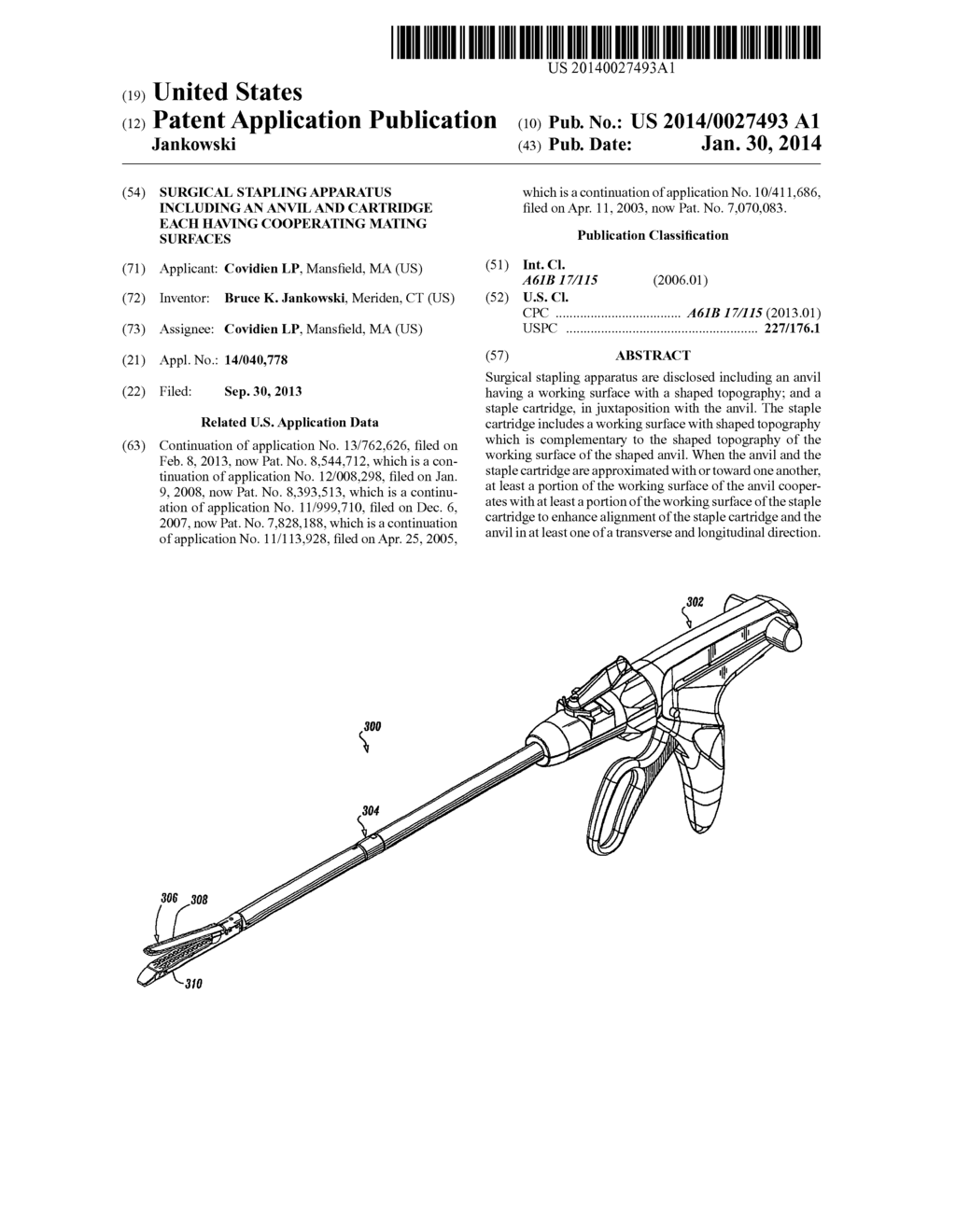 SURGICAL STAPLING APPARATUS INCLUDING AN ANVIL AND CARTRIDGE EACH HAVING     COOPERATING MATING SURFACES - diagram, schematic, and image 01