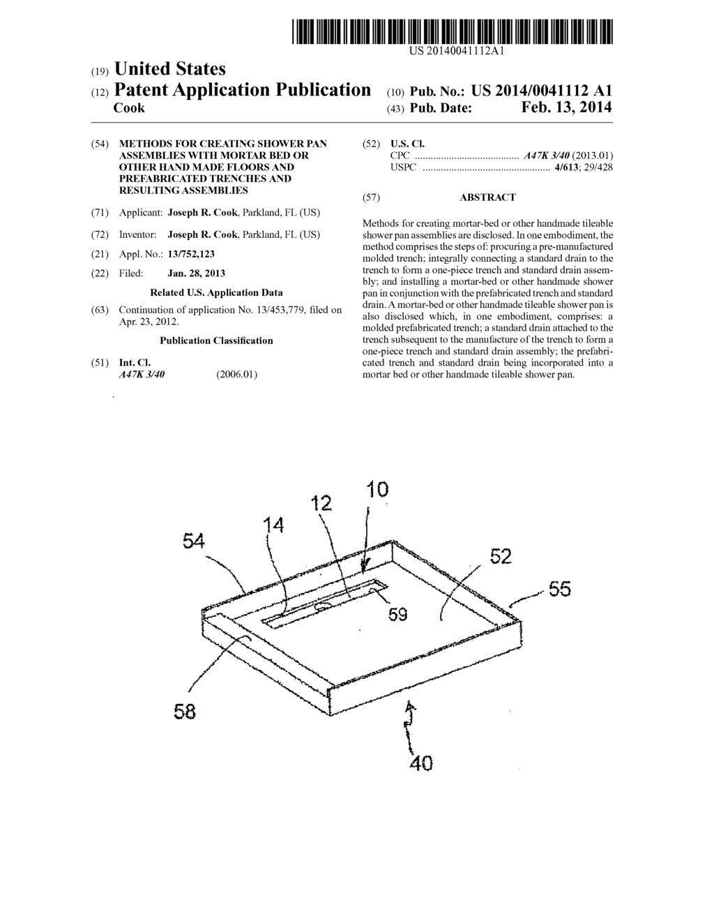 METHODS FOR CREATING SHOWER PAN ASSEMBLIES WITH MORTAR BED OR OTHER HAND     MADE FLOORS AND PREFABRICATED TRENCHES AND RESULTING ASSEMBLIES - diagram, schematic, and image 01