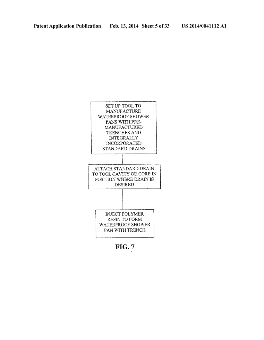 METHODS FOR CREATING SHOWER PAN ASSEMBLIES WITH MORTAR BED OR OTHER HAND     MADE FLOORS AND PREFABRICATED TRENCHES AND RESULTING ASSEMBLIES - diagram, schematic, and image 06