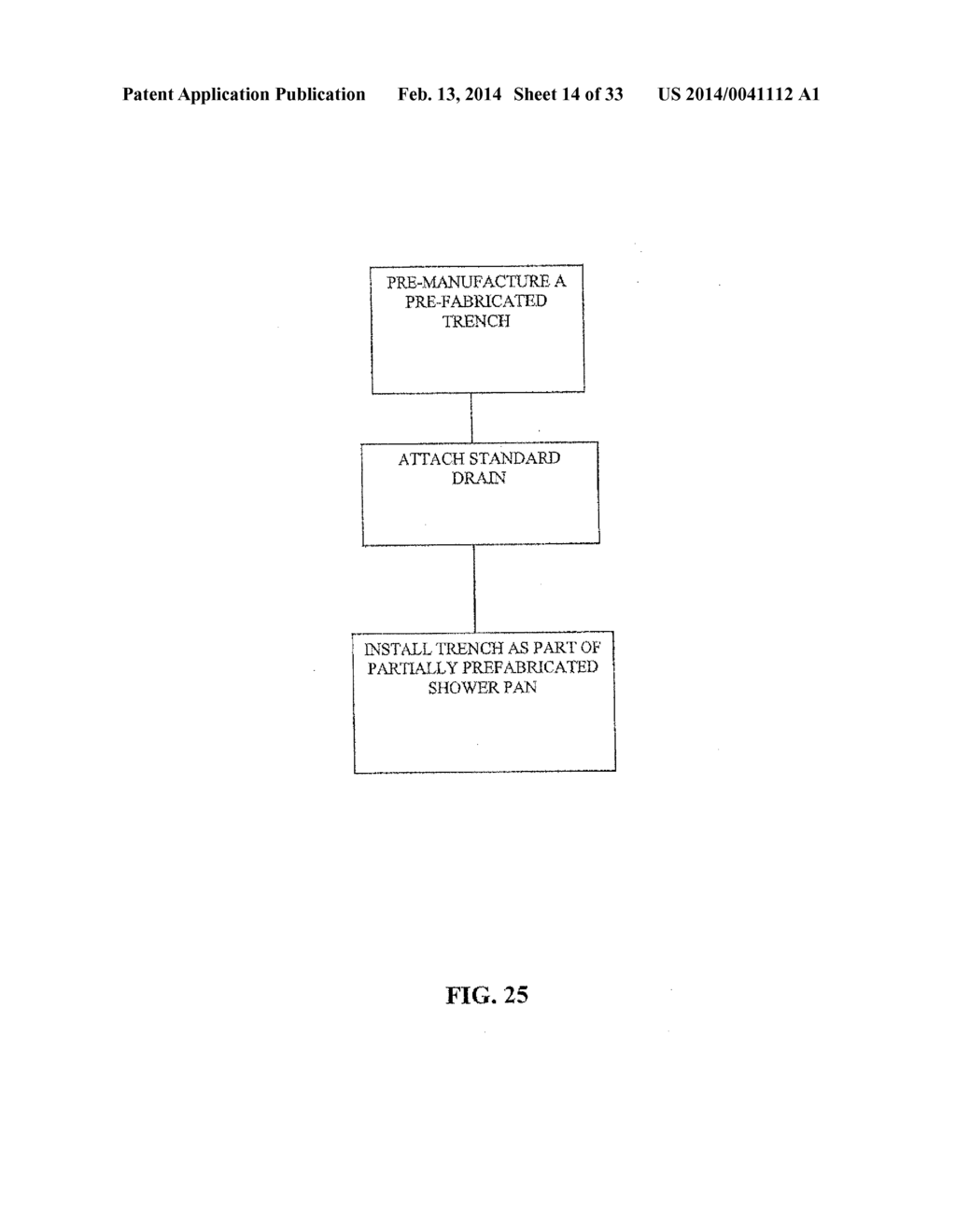 METHODS FOR CREATING SHOWER PAN ASSEMBLIES WITH MORTAR BED OR OTHER HAND     MADE FLOORS AND PREFABRICATED TRENCHES AND RESULTING ASSEMBLIES - diagram, schematic, and image 15