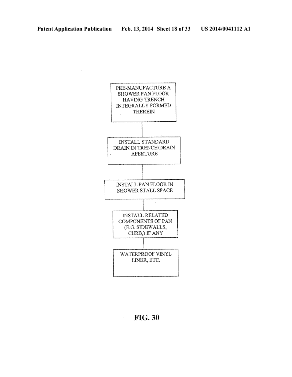 METHODS FOR CREATING SHOWER PAN ASSEMBLIES WITH MORTAR BED OR OTHER HAND     MADE FLOORS AND PREFABRICATED TRENCHES AND RESULTING ASSEMBLIES - diagram, schematic, and image 19