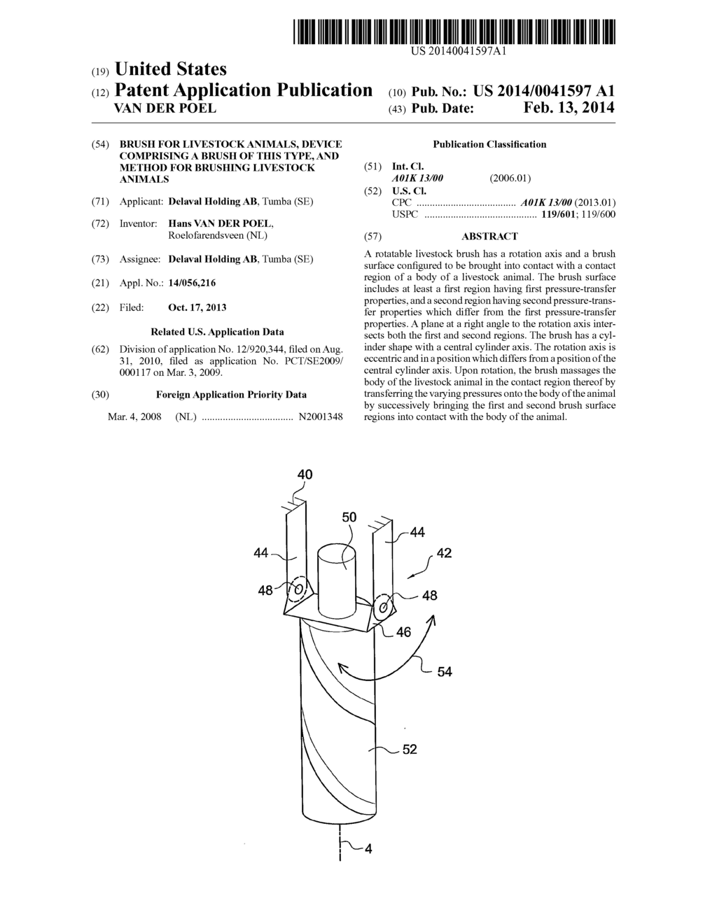 BRUSH FOR LIVESTOCK ANIMALS, DEVICE COMPRISING A BRUSH OF THIS TYPE, AND     METHOD FOR BRUSHING LIVESTOCK ANIMALS - diagram, schematic, and image 01