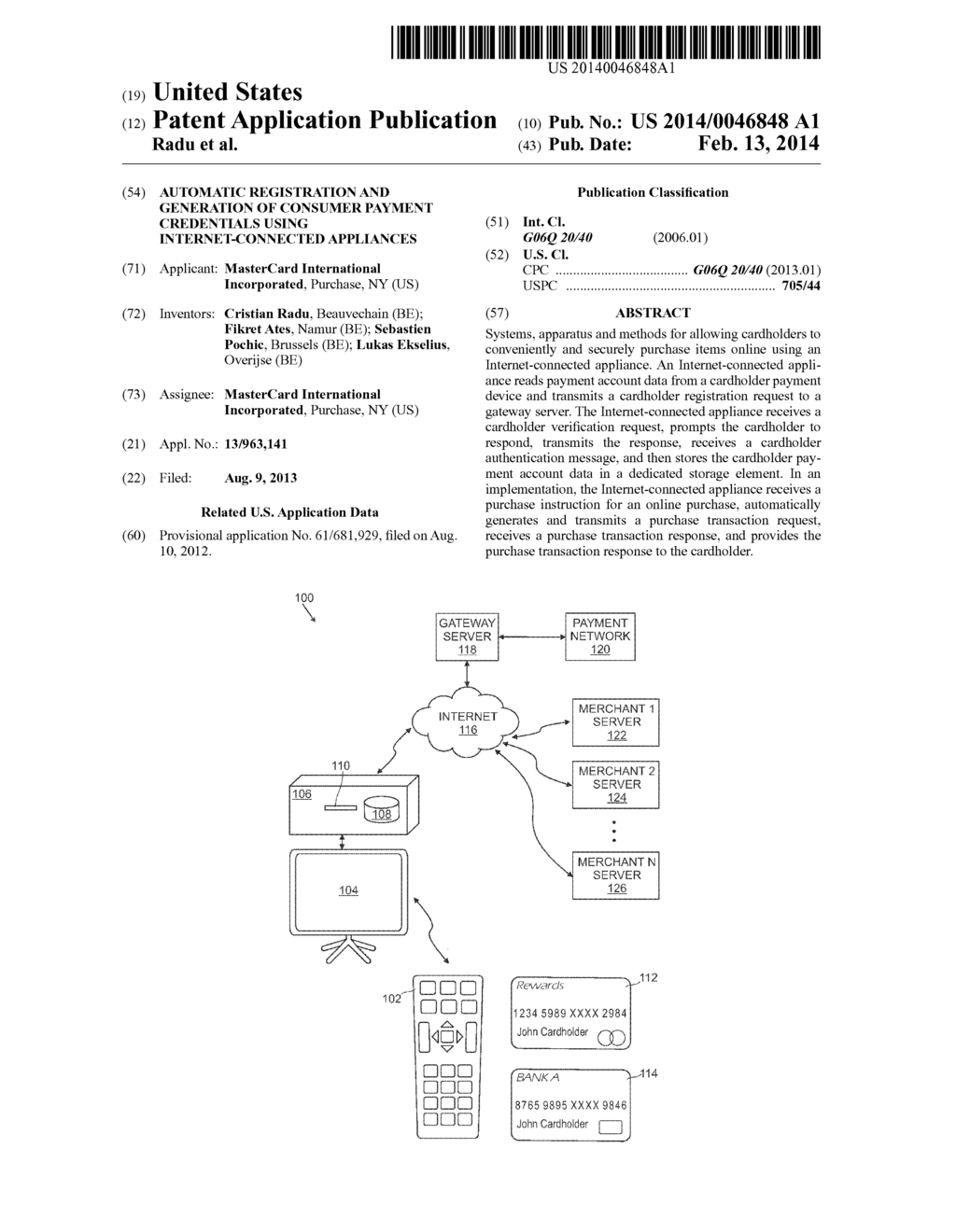 AUTOMATIC REGISTRATION AND GENERATION OF CONSUMER PAYMENT CREDENTIALS     USING INTERNET-CONNECTED APPLIANCES - diagram, schematic, and image 01