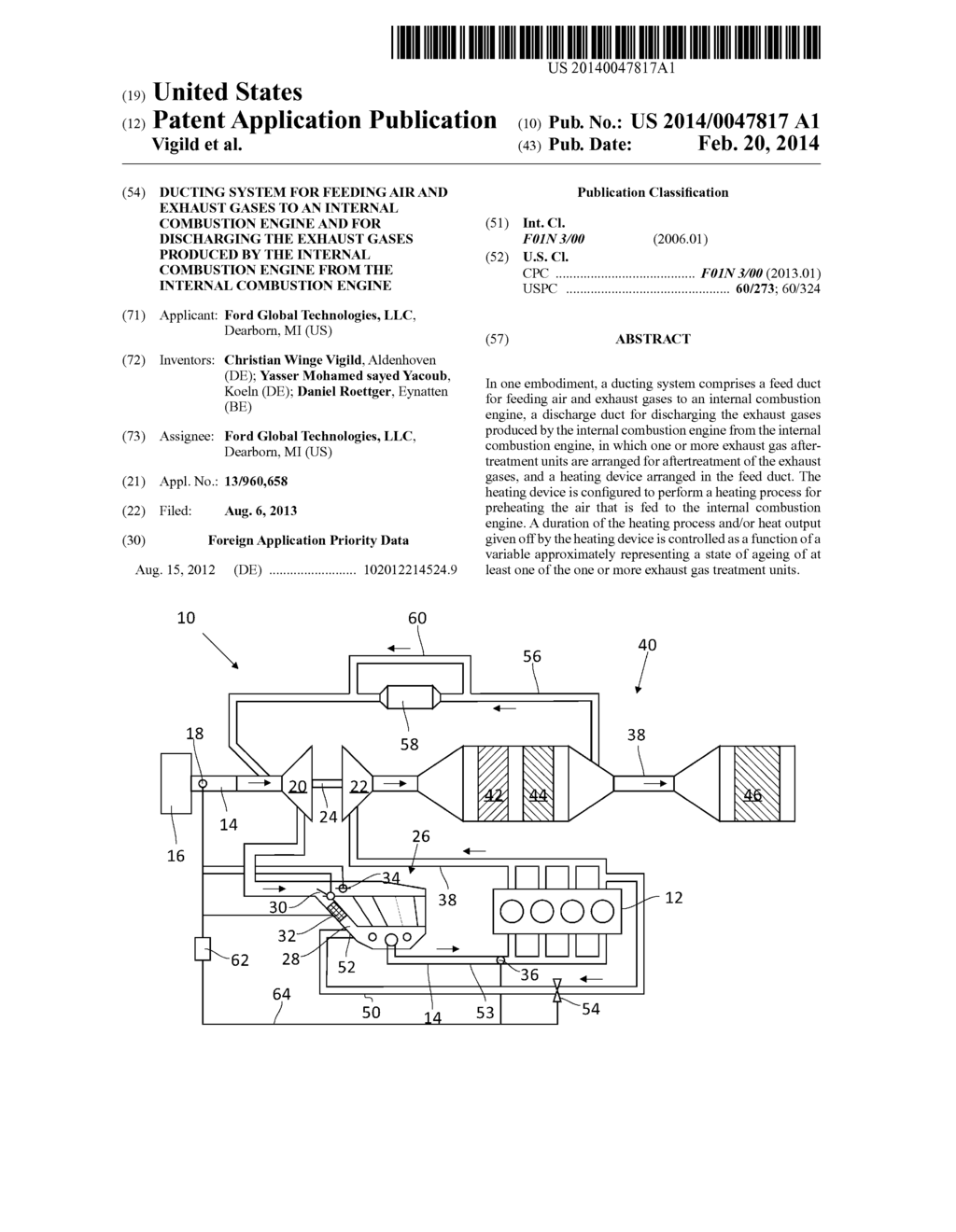 DUCTING SYSTEM FOR FEEDING AIR AND EXHAUST GASES TO AN INTERNAL COMBUSTION     ENGINE AND FOR DISCHARGING THE EXHAUST GASES PRODUCED BY THE INTERNAL     COMBUSTION ENGINE FROM THE INTERNAL COMBUSTION ENGINE - diagram, schematic, and image 01