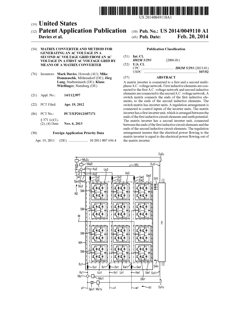 MATRIX CONVERTER AND METHOD FOR GENERATING AN AC VOLTAGE IN A SECOND AC     VOLTAGE GRID FROM AN AC VOLTAGE IN A FIRST AC VOLTAGE GRID BY MEANS OF A     MATRIX CONVERTER - diagram, schematic, and image 01