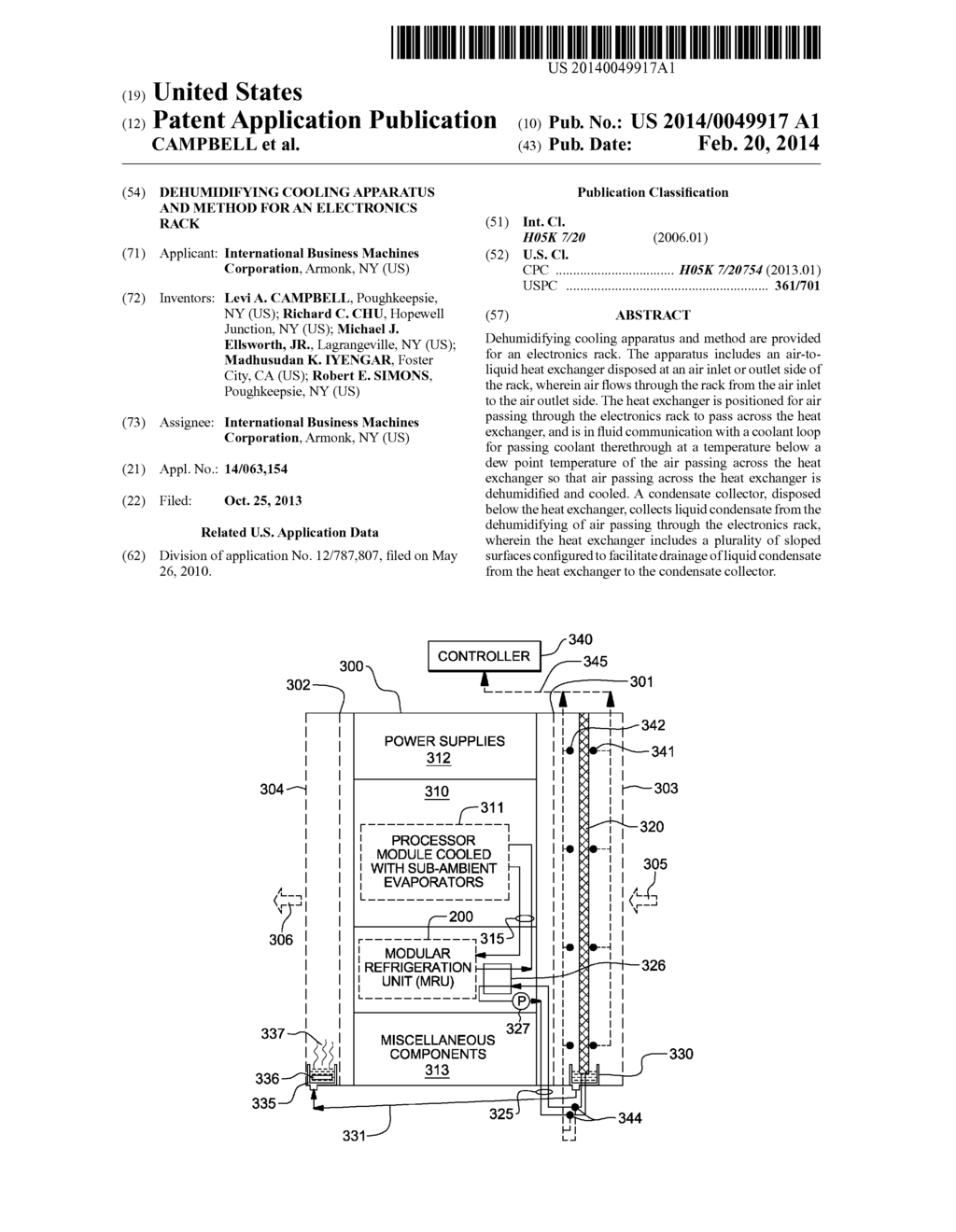 DEHUMIDIFYING COOLING APPARATUS AND METHOD FOR AN ELECTRONICS RACK - diagram, schematic, and image 01