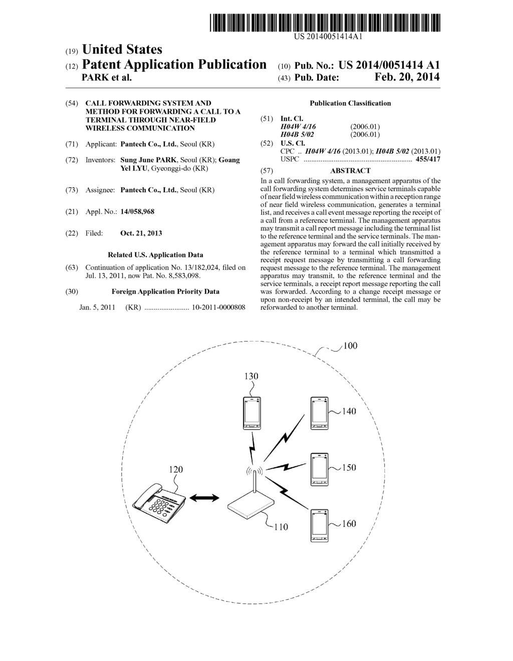 CALL FORWARDING SYSTEM AND METHOD FOR FORWARDING A CALL TO A TERMINAL     THROUGH NEAR-FIELD WIRELESS COMMUNICATION - diagram, schematic, and image 01