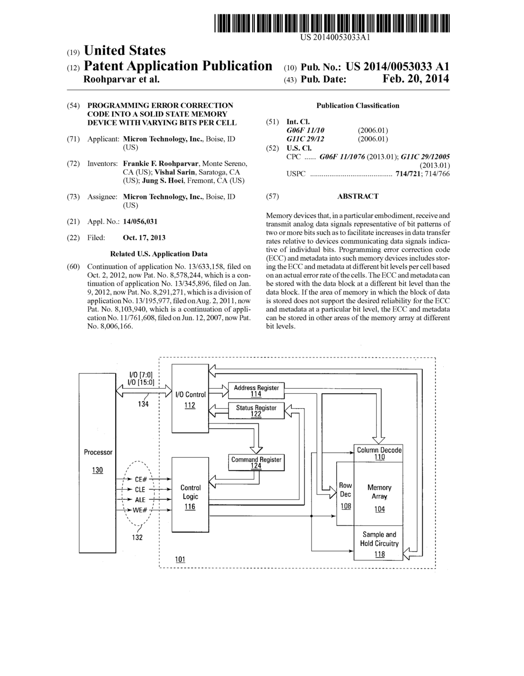 PROGRAMMING ERROR CORRECTION CODE INTO A SOLID STATE MEMORY DEVICE WITH     VARYING BITS PER CELL - diagram, schematic, and image 01