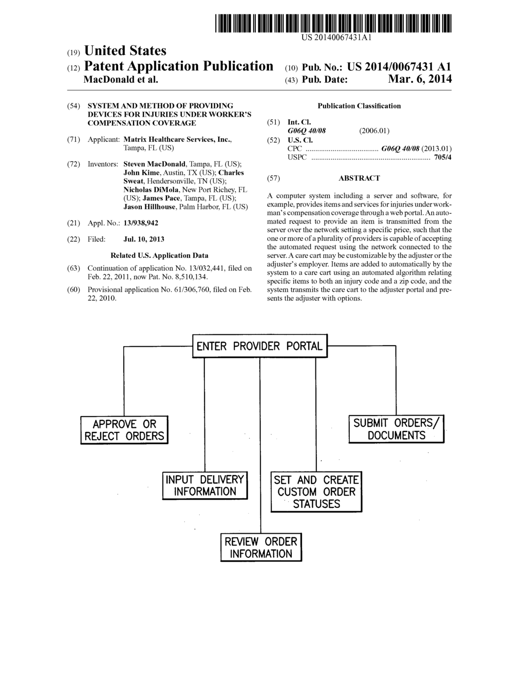 SYSTEM AND METHOD OF PROVIDING DEVICES FOR INJURIES UNDER WORKER'S     COMPENSATION COVERAGE - diagram, schematic, and image 01