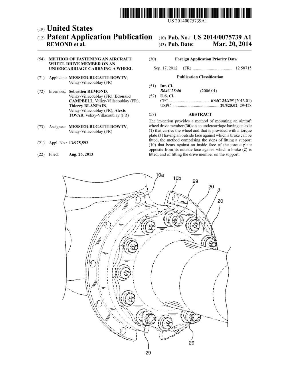 METHOD OF FASTENING AN AIRCRAFT WHEEL DRIVE MEMBER ON AN UNDERCARRIAGE     CARRYING A WHEEL - diagram, schematic, and image 01