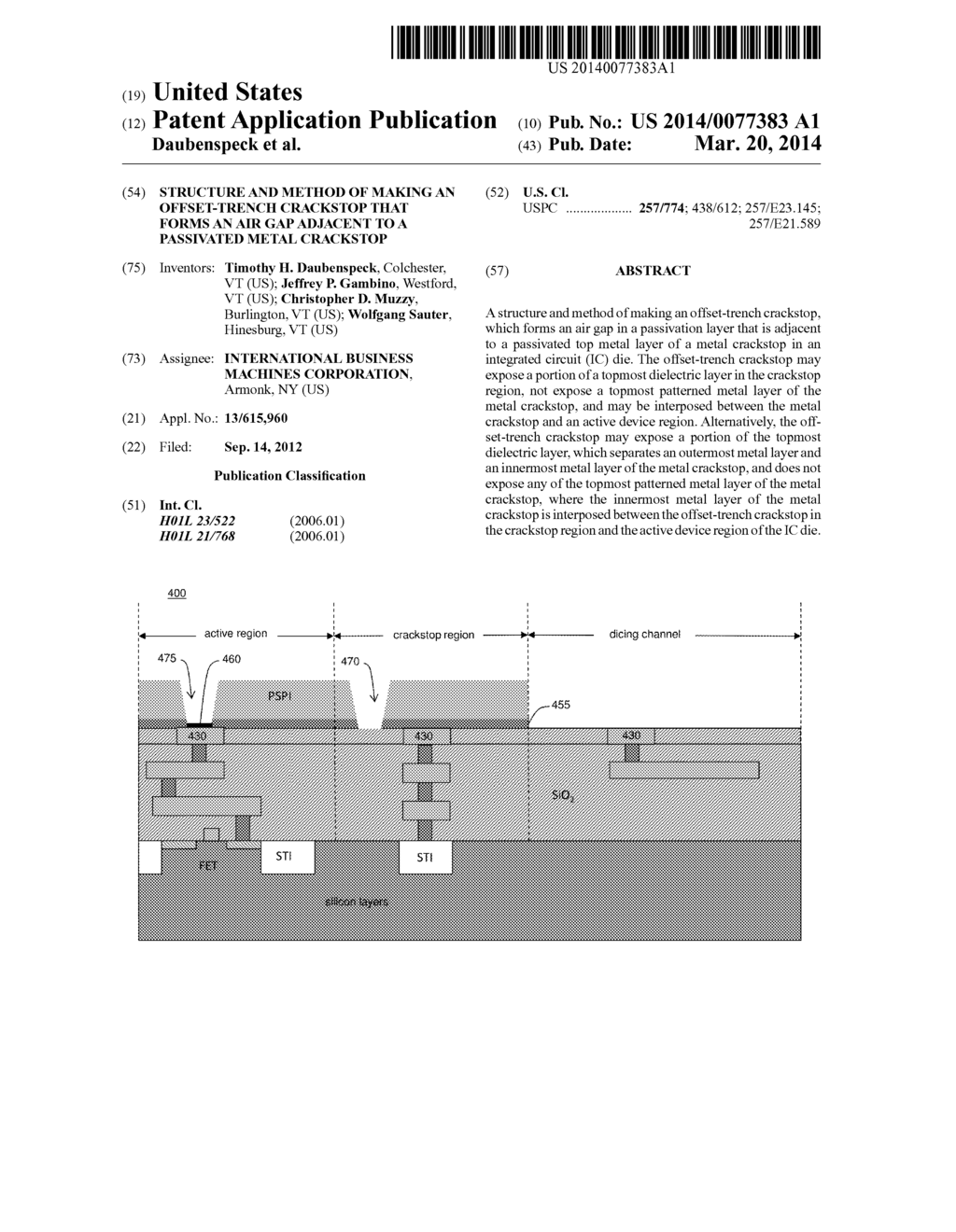 STRUCTURE AND METHOD OF MAKING AN OFFSET-TRENCH CRACKSTOP THAT FORMS AN     AIR GAP ADJACENT TO A PASSIVATED METAL CRACKSTOP - diagram, schematic, and image 01