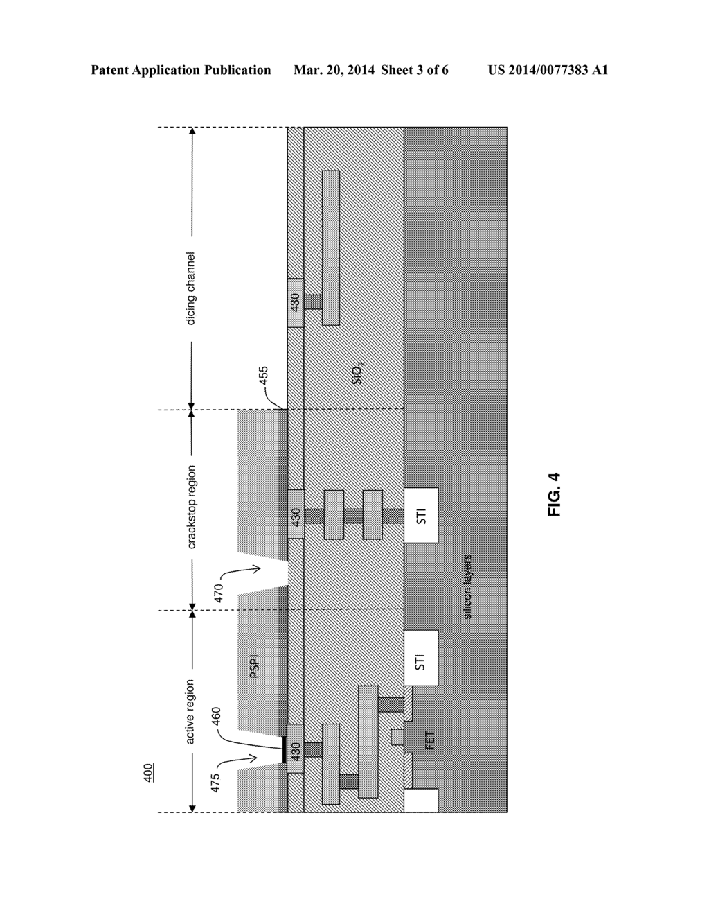 STRUCTURE AND METHOD OF MAKING AN OFFSET-TRENCH CRACKSTOP THAT FORMS AN     AIR GAP ADJACENT TO A PASSIVATED METAL CRACKSTOP - diagram, schematic, and image 04