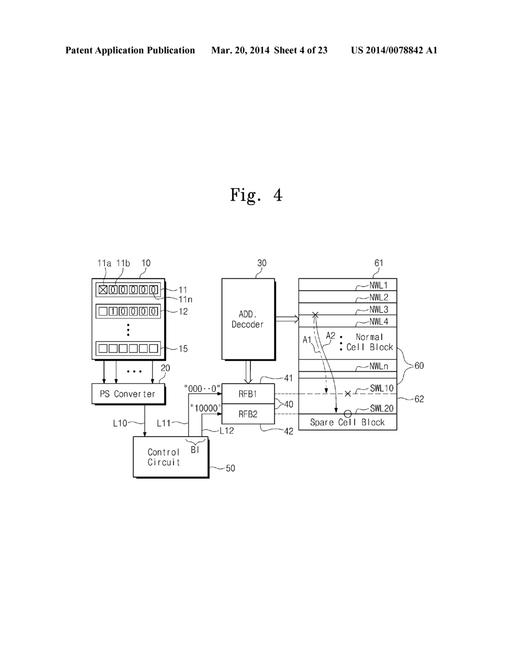 POST PACKAGE REPAIRING METHOD, METHOD OF PREVENTING MULTIPLE ACTIVATION OF     SPARE WORD LINES, AND SEMICONDUCTOR MEMORY DEVICE INCLUDING FUSE     PROGRAMMING CIRCUIT - diagram, schematic, and image 05