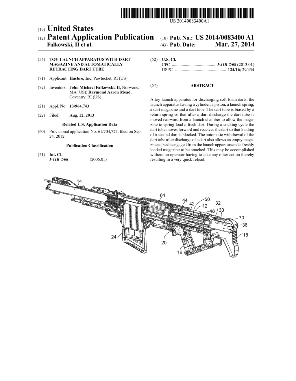 TOY LAUNCH APPARATUS WITH DART MAGAZINE AND AUTOMATICALLY RETRACTING DART     TUBE - diagram, schematic, and image 01