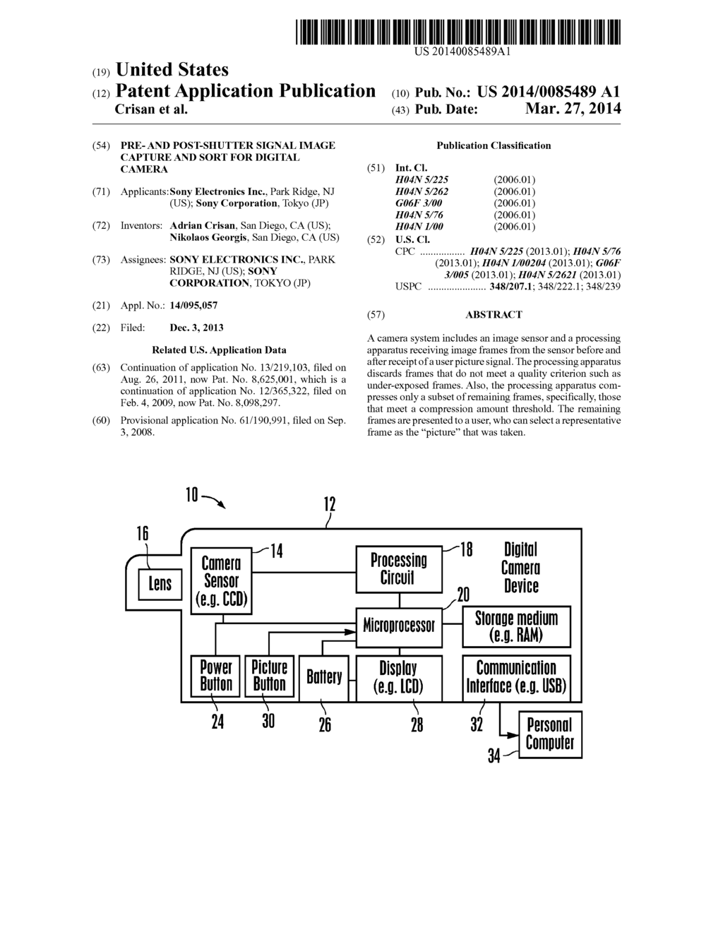 PRE- AND POST-SHUTTER SIGNAL IMAGE CAPTURE AND SORT FOR DIGITAL CAMERA - diagram, schematic, and image 01