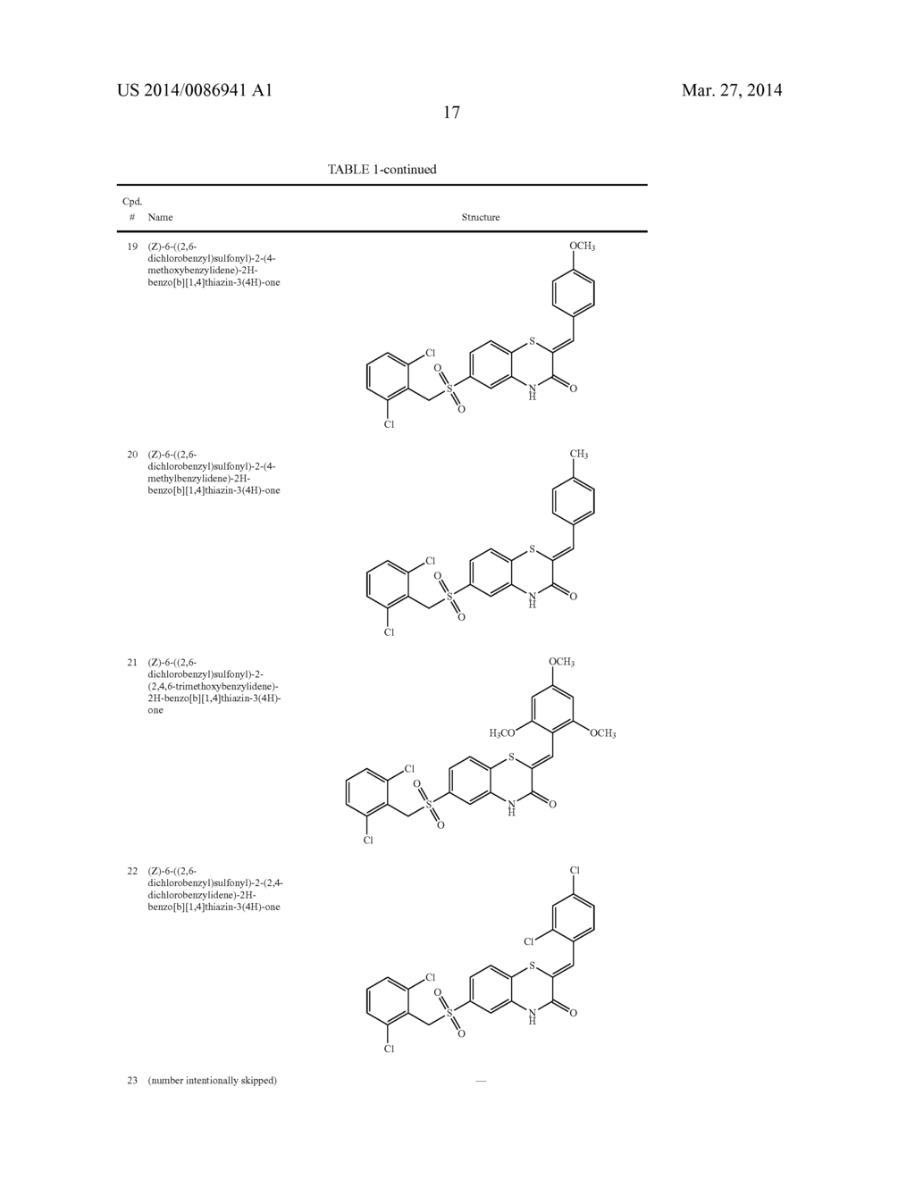 SUBSTITUTED 2-BENZYLIDENE-2H-BENZO[b][1,4]THIAZIN-3(4H)-ONES, DERIVATIVES     THEREOF, AND THERAPEUTIC USES THEREOF - diagram, schematic, and image 19