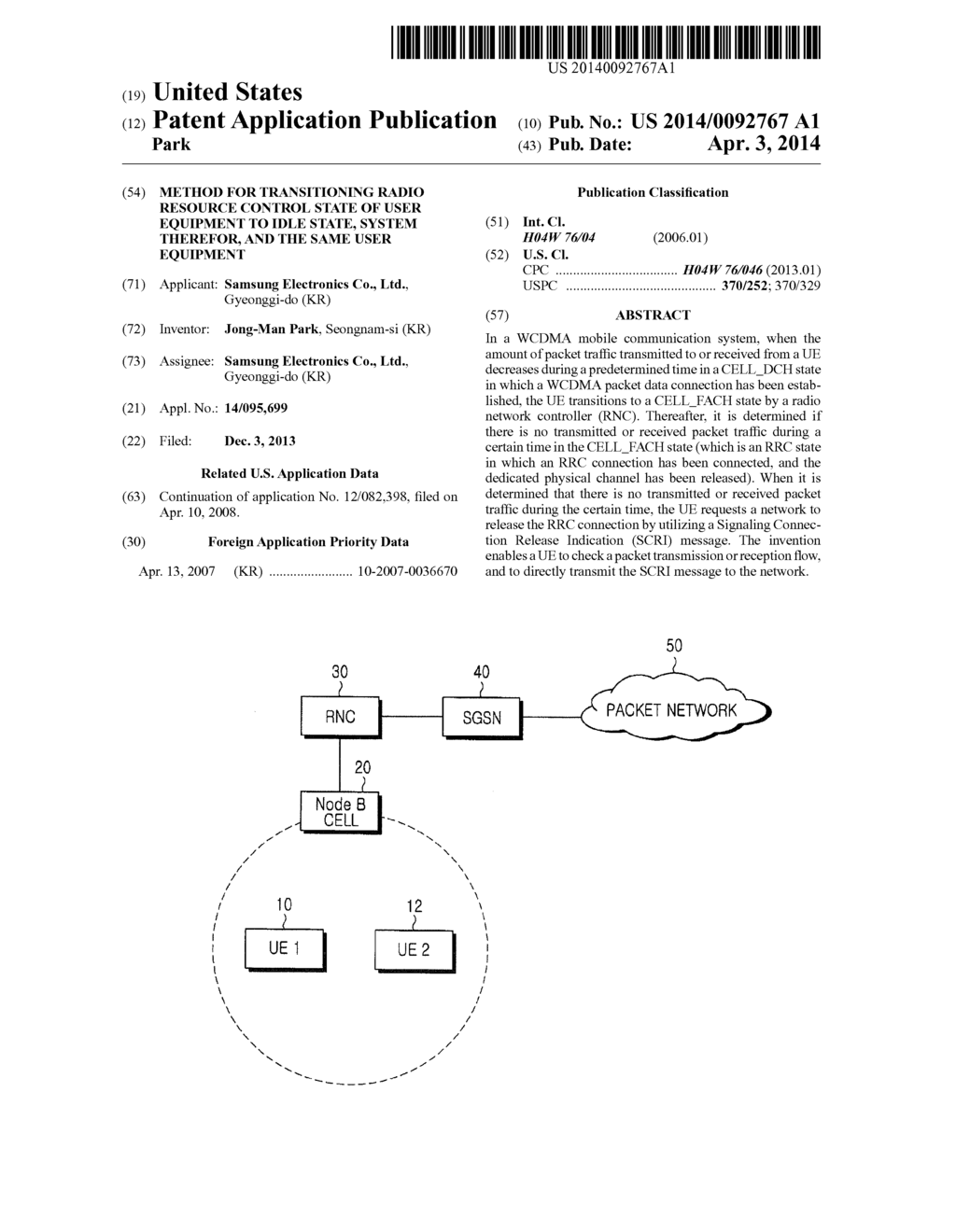 METHOD FOR TRANSITIONING RADIO RESOURCE CONTROL STATE OF USER EQUIPMENT TO     IDLE STATE, SYSTEM THEREFOR, AND THE SAME USER EQUIPMENT - diagram, schematic, and image 01