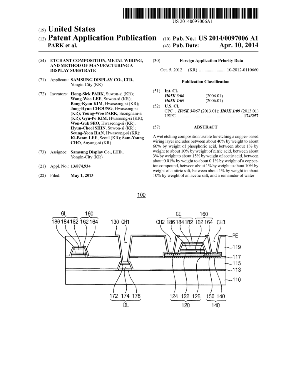 ETCHANT COMPOSITION, METAL WIRING, AND METHOD OF MANUFACTURING A DISPLAY     SUBSTRATE - diagram, schematic, and image 01