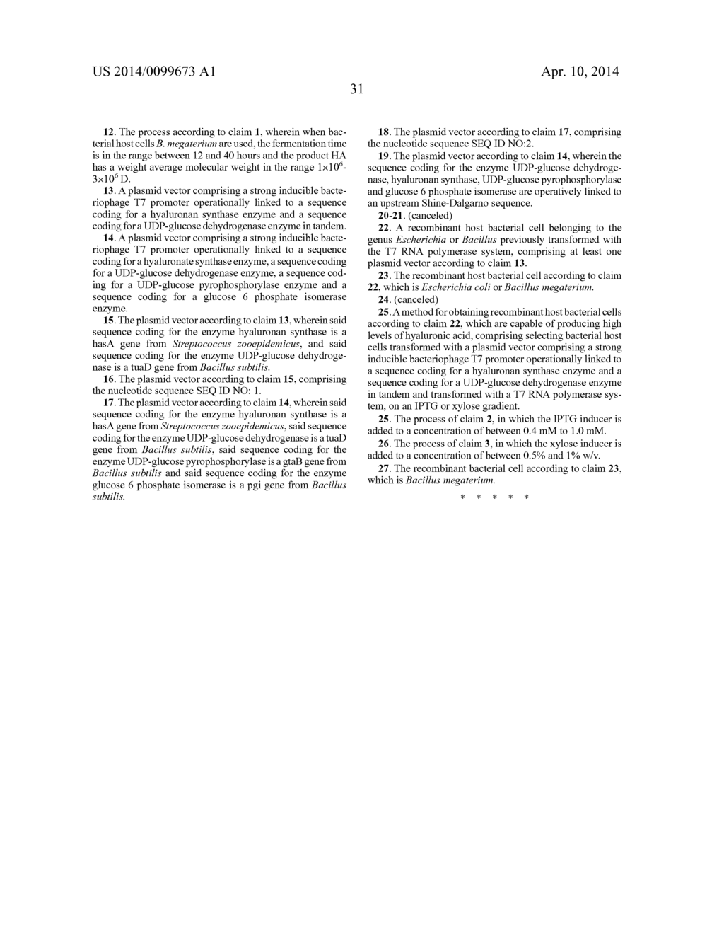 PROCESS FOR THE PRODUCTION OF HYALURONIC ACID IN ESCHERICHIA COLI OR     BACILLUS MEGATERIUM - diagram, schematic, and image 38