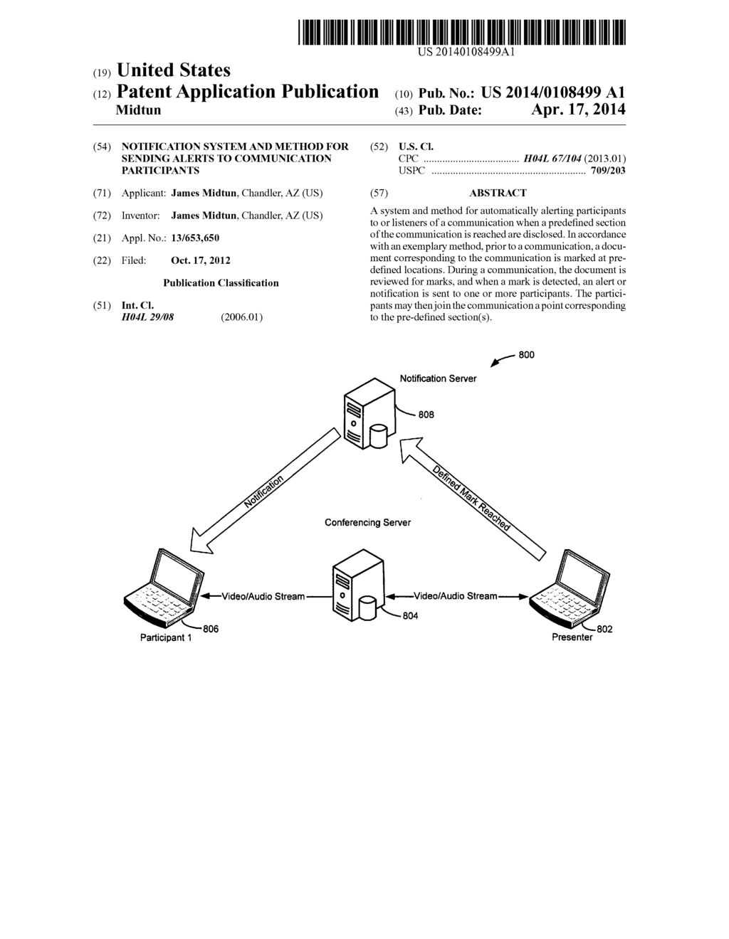 Notification System and Method for Sending Alerts to Communication     Participants - diagram, schematic, and image 01