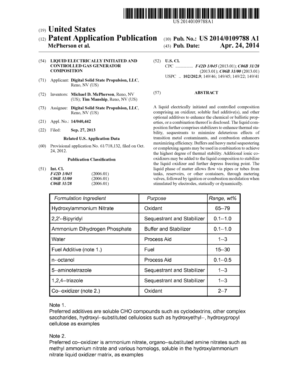 Liquid Electrically Initiated and Controlled Gas Generator Composition - diagram, schematic, and image 01