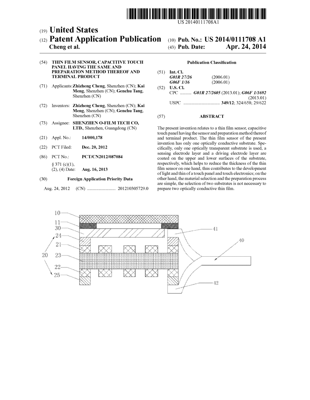 THIN FILM SENSOR, CAPACITIVE TOUCH PANEL HAVING THE SAME AND PREPARATION     METHOD THEREOF AND TERMINAL PRODUCT - diagram, schematic, and image 01