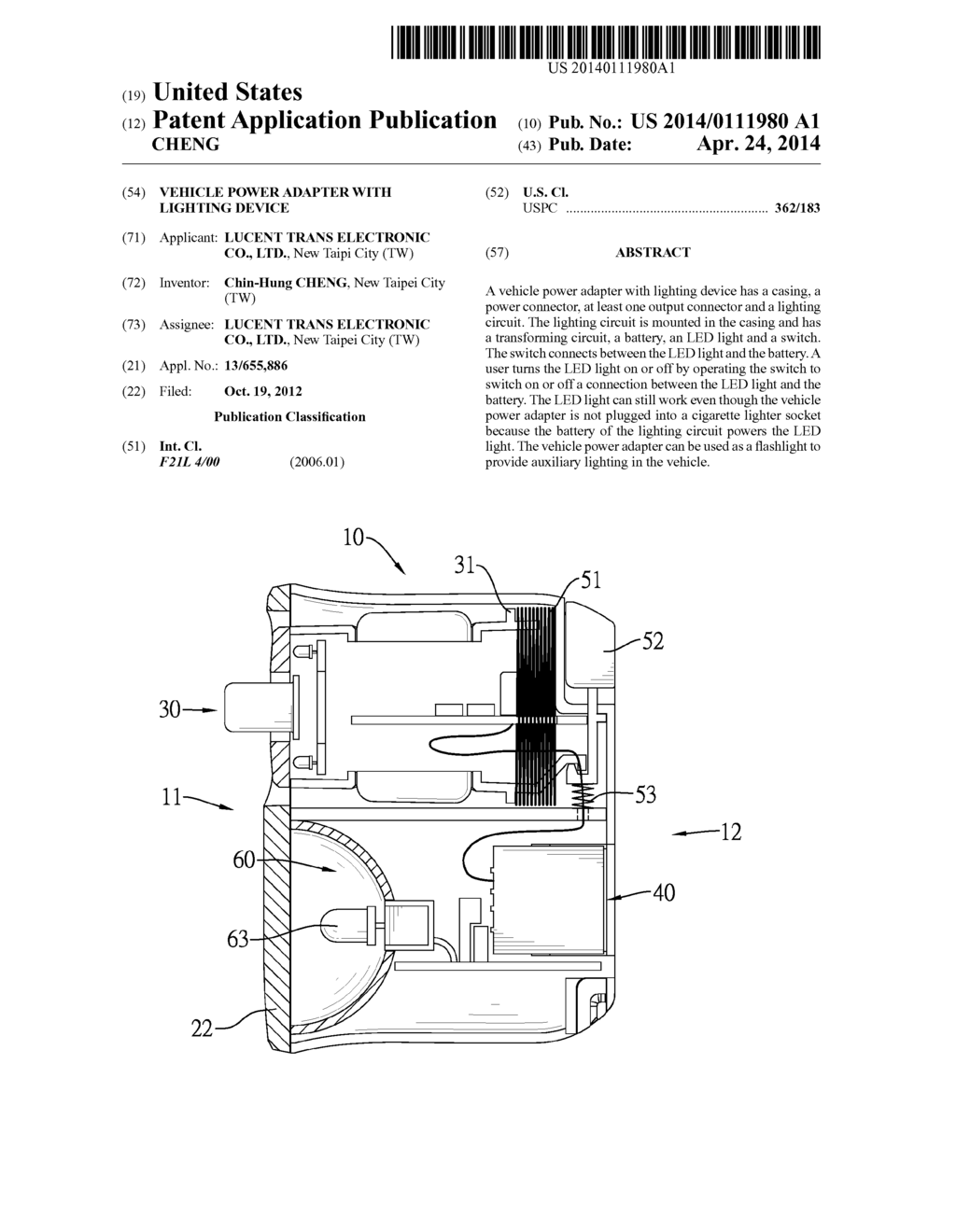 VEHICLE POWER ADAPTER WITH LIGHTING DEVICE - diagram, schematic, and image 01