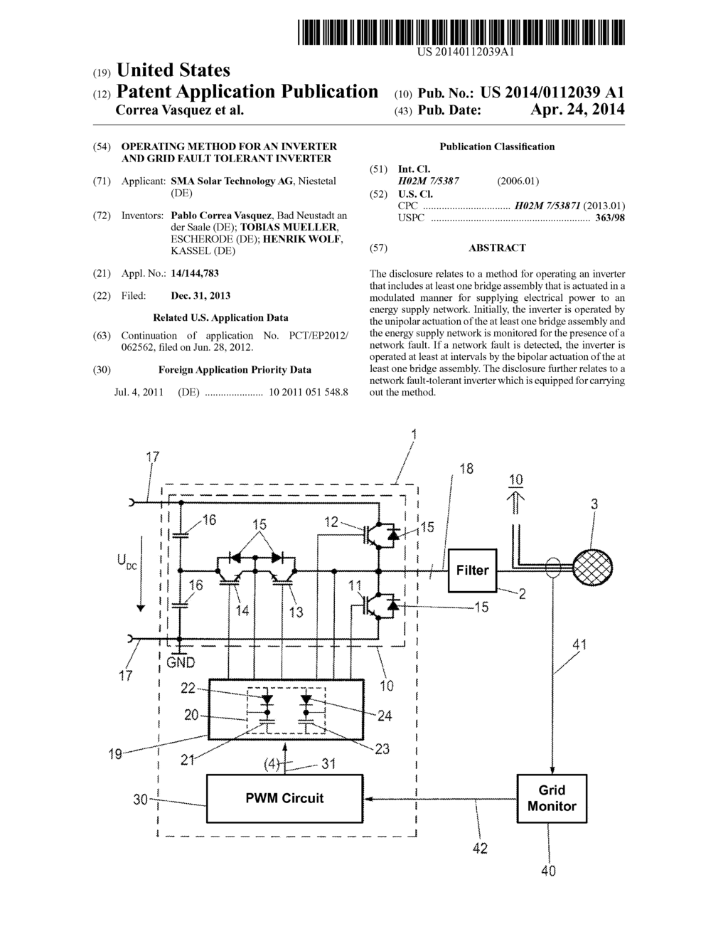 OPERATING METHOD FOR AN INVERTER AND GRID FAULT TOLERANT INVERTER - diagram, schematic, and image 01