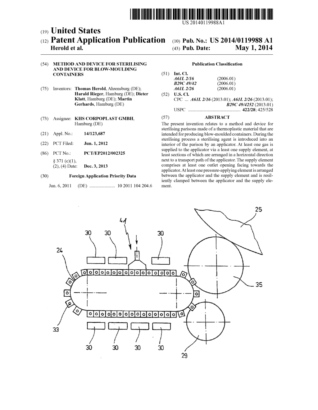 METHOD AND DEVICE FOR STERILISING AND DEVICE FOR BLOW-MOULDING CONTAINERS - diagram, schematic, and image 01