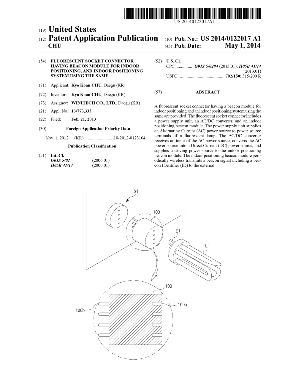 FLUORESCENT SOCKET CONNECTOR HAVING BEACON MODULE FOR INDOOR POSITIONING,     AND INDOOR POSITIONING SYSTEM USING THE SAME - diagram, schematic, and image 01