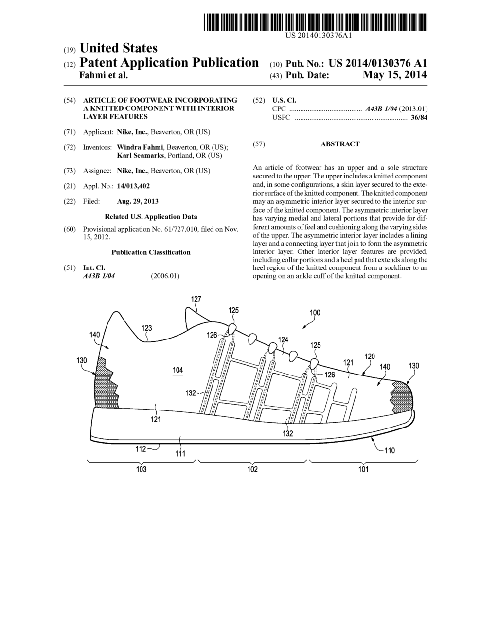 Article Of Footwear Incorporating A Knitted Component With Interior Layer     Features - diagram, schematic, and image 01