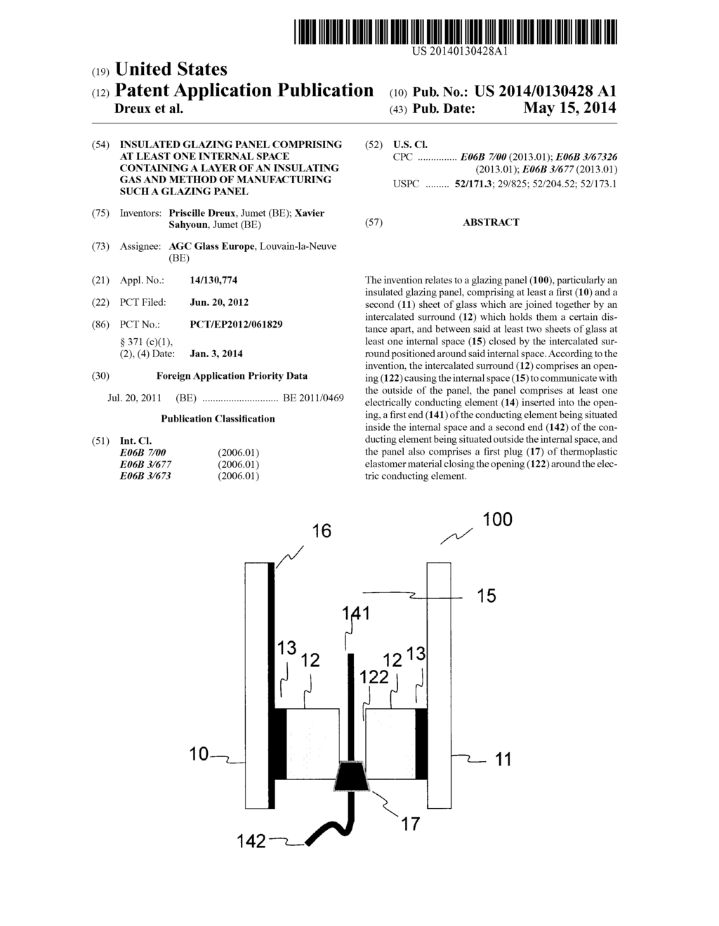 INSULATED GLAZING PANEL COMPRISING AT LEAST ONE INTERNAL SPACE CONTAINING     A LAYER OF AN INSULATING GAS AND METHOD OF MANUFACTURING SUCH A GLAZING     PANEL - diagram, schematic, and image 01