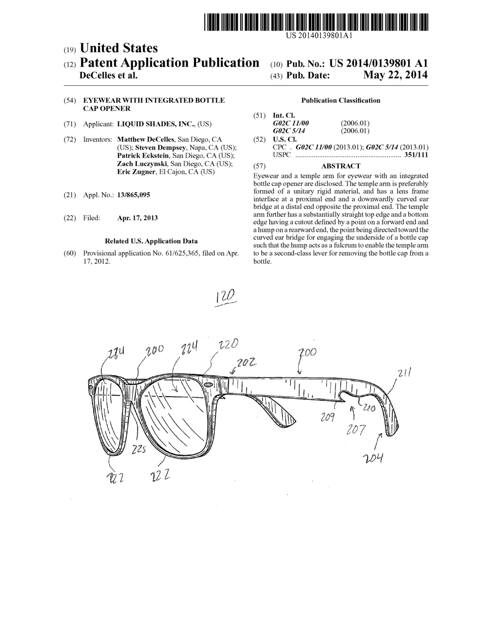 EYEWEAR WITH INTEGRATED BOTTLE CAP OPENER - diagram, schematic, and image 01