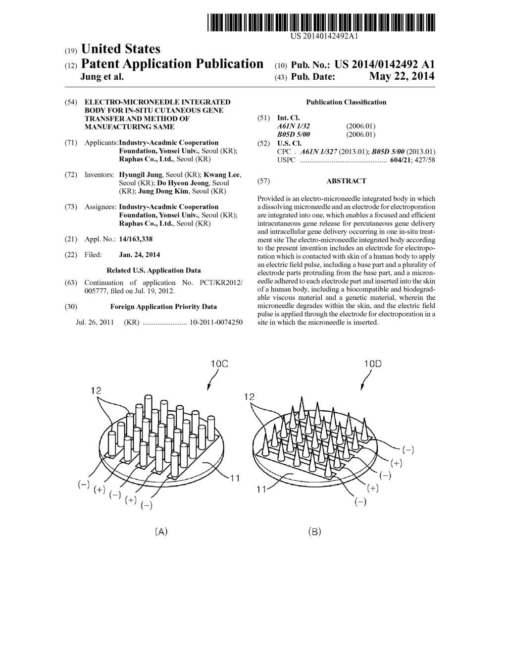 ELECTRO-MICRONEEDLE INTEGRATED BODY FOR IN-SITU CUTANEOUS GENE TRANSFER     AND METHOD OF MANUFACTURING SAME - diagram, schematic, and image 01